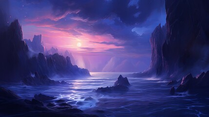 Spectacular sunset on a rugged coastal landscape with crashing waves - obrazy, fototapety, plakaty
