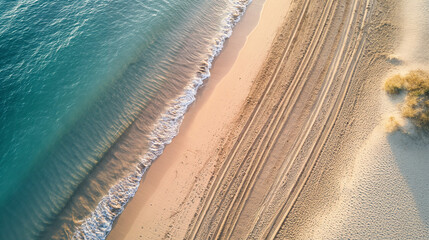 Aerial View of a Serene Beach: Crystal Clear Waves Gently Washing Over Golden Sands with Tire Tracks Lining the Shore.