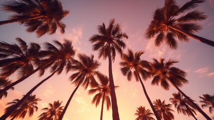 Fototapeta na wymiar Palm trees silhouettes from below at sunset panorama, background, wallpaper, calm and relaxing, mental health, emotional balance