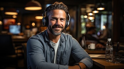 Obraz premium Adult man with headphones sitting in his studio comfortably listening to music
