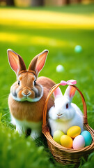 A red and white rabbit,a basket with a satin bow,Easter eggs,green grass.