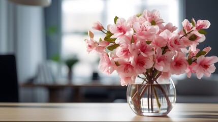 pink lowers in vase on desk of office