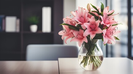 pink lowers in vase on desk of office