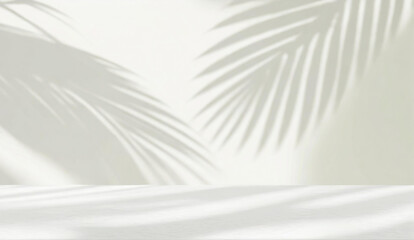 Minimal white podium with tropical palm foliage leaf shadow on wall, soft beautiful dappled sunlight, luxury hygiene organic cosmetic, skincare, beauty treatment product background 3D