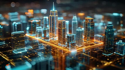 A 3D hologram of a smart building showcasing how technology is used for energy efficiency security and maintenance.