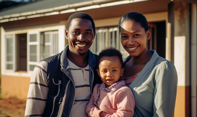 African American family in front of brand new house, smiling proudly. Home ownership real estate.