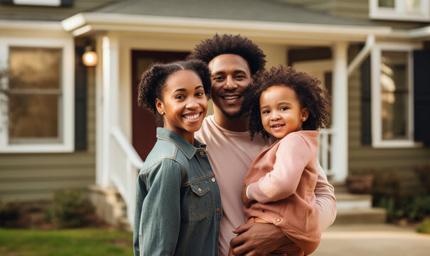 African American Family In Front Of Brand New House, Smiling Proudly. Home Ownership Real Estate.