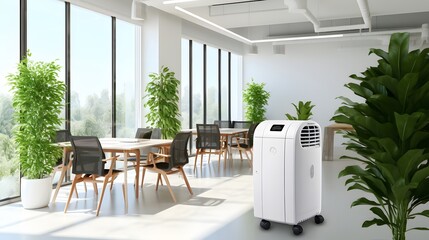 Portable mobile air conditioner in office interior.
