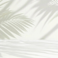 Minimal white podium with tropical palm foliage leaf shadow on wall, soft beautiful dappled sunlight, luxury hygiene organic cosmetic, skincare, beauty treatment product background 3D