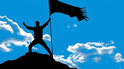  Man with flag on top of a mountain against sky background,
