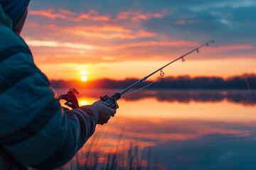 Hands of a man in a Up plan hold a fishing rod 