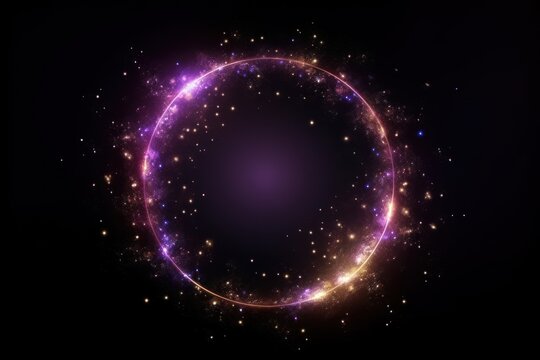 Violet glitter circle of light shine sparkles and bronze spark particles in circle frame