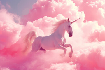 pink and white unicorn jumping through the candy cotton clouds