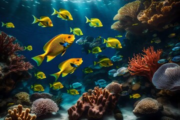 Craft a mesmerizing AI-generated scene of a Tropical Fish gracefully navigating a vibrant Coral Reef. 

