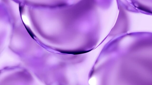 Liquid purple oil bubbles macro close up. Abstract cosmetic 3D animation background of fluid circles. Beauty care concept of decorative antioxidant peptide soap spheres in light water background.