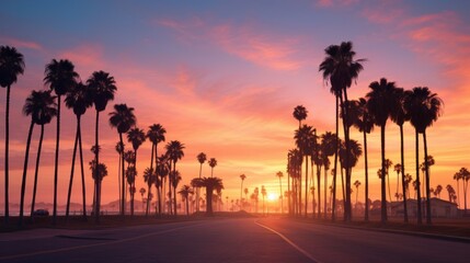 Palm trees silhouettes at sunset panorama, background, wallpaper, calm and relaxing, mental health, emotional balance