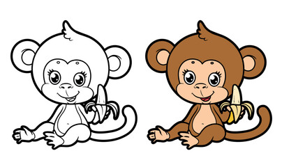 Obraz premium Cute cartoon smiling monkey with banana color and outlined for coloring on a white background