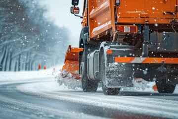 An orange plow truck is clearing snow from a snowy road.