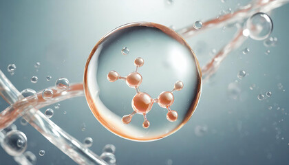 Cosmetic Essence, Liquid bubble, Molecule inside Liquid Bubble, 3d rendering