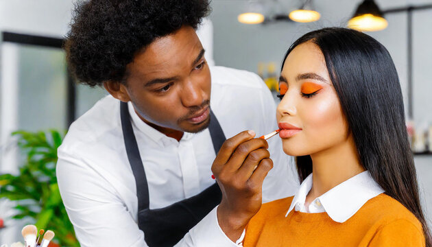 Makeup artist working with beautiful woman in cosmetic salon, closeup