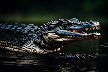 Fototapeta premium Craft a riveting AI-generated scene capturing the raw power and mystery of a Close-up of a Black Caiman in profile, its mouth agape, set against a defocused background at the water's edge.