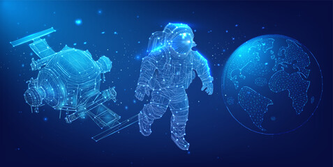 Visualization of space exploration elements with a digital astronaut, helicopter, and Earth globe in wireframe design. Digital Wireframe Space Exploration Trio: Astronaut, Helicopter, and Earth Globe © ZinetroN