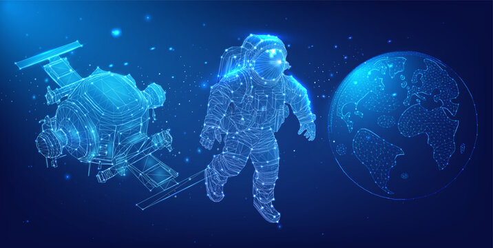 Visualization of space exploration elements with a digital astronaut, helicopter, and Earth globe in wireframe design. Digital Wireframe Space Exploration Trio: Astronaut, Helicopter, and Earth Globe