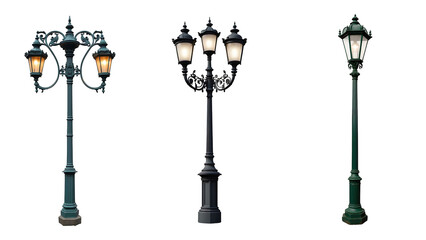 collection Set of different street lamp isolated on a transparent background.