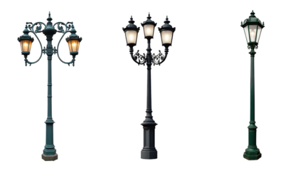 collection Set of different street lamp isolated on a transparent background.