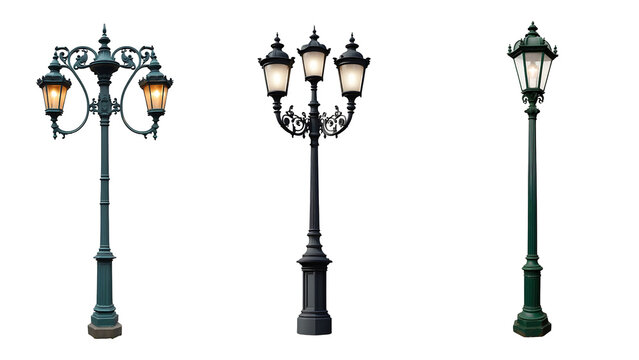 collection Set of different street lamp isolated on a transparent background.