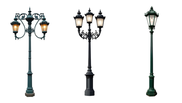 collection Set of different street lamp isolated on a transparent background. - Powered by Adobe
