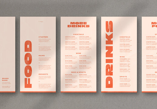 Set of Food and Drinks Menus with Bold Orange Typography