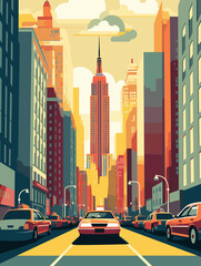Illustration of New York City USA Travel Poster in Colorful Flat Digital Art Style