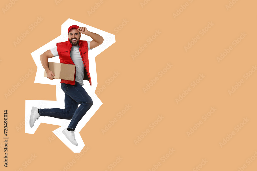 Poster Happy courier with parcel jumping on light brown background, space for text