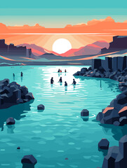 Illustration of Reykjavik Iceland Travel Poster in Colorful Flat Digital Art Style - obrazy, fototapety, plakaty