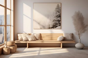 A Scandinavian room with built in wall mounted wooden bench