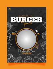 Delicious burger and food menu flyer template with hand drawing