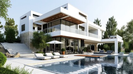 3d rendering of modern house by the river at morning, house, luxury, villa, modern, architecture, building, exterior, residential, property, designer