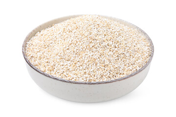Dry barley groats in bowl isolated on white