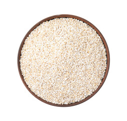 Dry barley groats in bowl isolated on white, top view