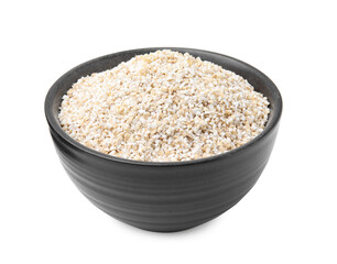 Dry barley groats in bowl isolated on white