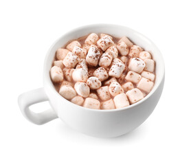 Cup of aromatic hot chocolate with marshmallows and cocoa powder isolated on white