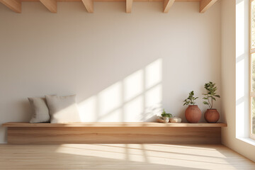 A Scandinavian room with custom built in wooden bench seat 