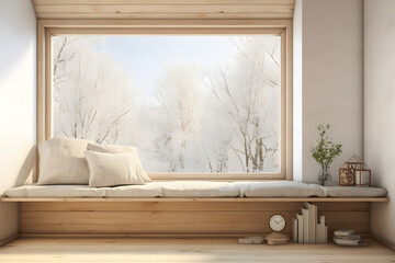 A Scandinavian room with custom built in wooden bench seat  - obrazy, fototapety, plakaty
