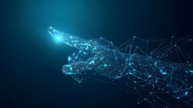 An abstract image of a digital hand appears on a bright blue technological background consisting of interconnected lines, dots and triangles. advances in internet technology. Generative AI