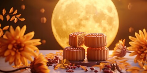 Mooncakes on the background of the full moon, Mid-Autumn Day in China.