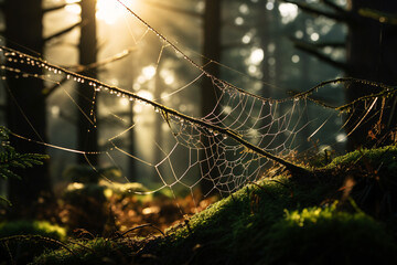 A delicate dew-laden spider web, sparkling in a magical wood with the first ray of dawn.