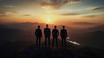 Silhouette of business team stand and feel happy on the most hight at the mountain on sunset, success, leader, teamwork, target, Aim, confident, achievement, goal, on plan, finish, generate by AI