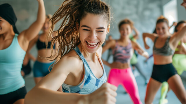 Vibrant Zumba Class With Joyful Women Dancing - Fitness Joy, Health and Wellness, Energetic Workout, Group Exercise, Dance Therapy, Positive Vibes