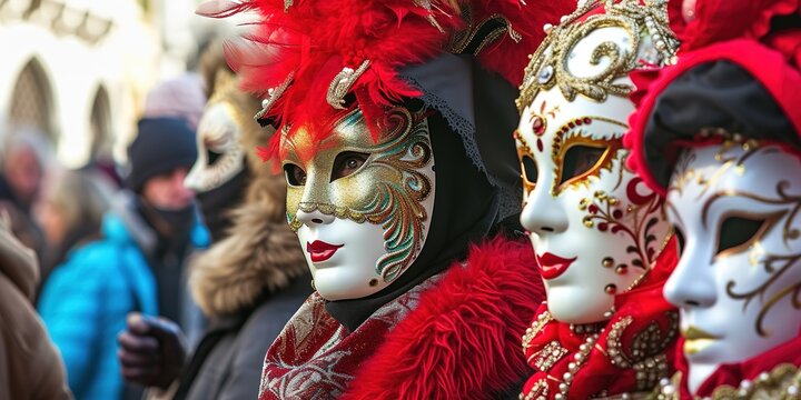People wearing masks at the Venice Carnival. venetian carnival mask.